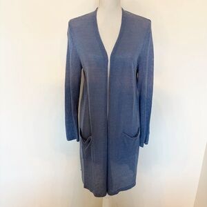 J Jill Blue Linen Blend Pockets Long Open Lightweight Cardigan Size M